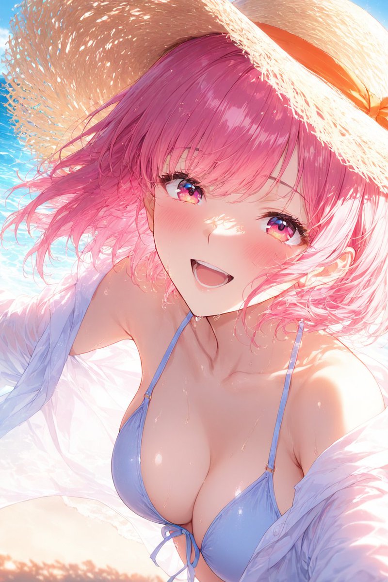 若葉 陽菜（わかば ひな）が夏の海辺で笑顔を見せるAIイラスト