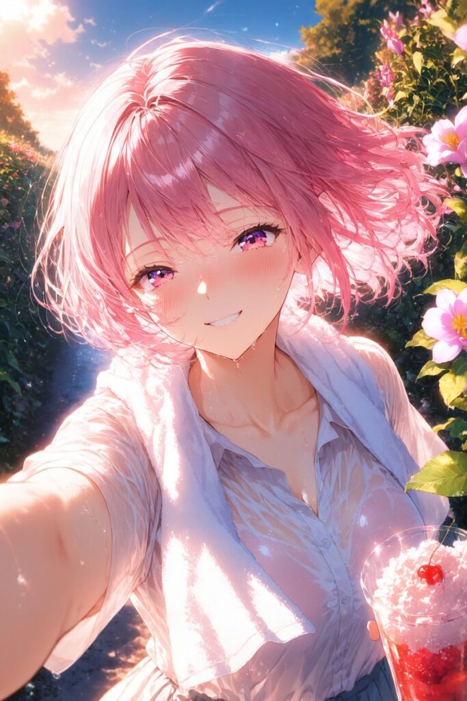 若葉 陽菜（わかば ひな）が冷たいジュースを片手に笑顔で休憩するAIイラスト