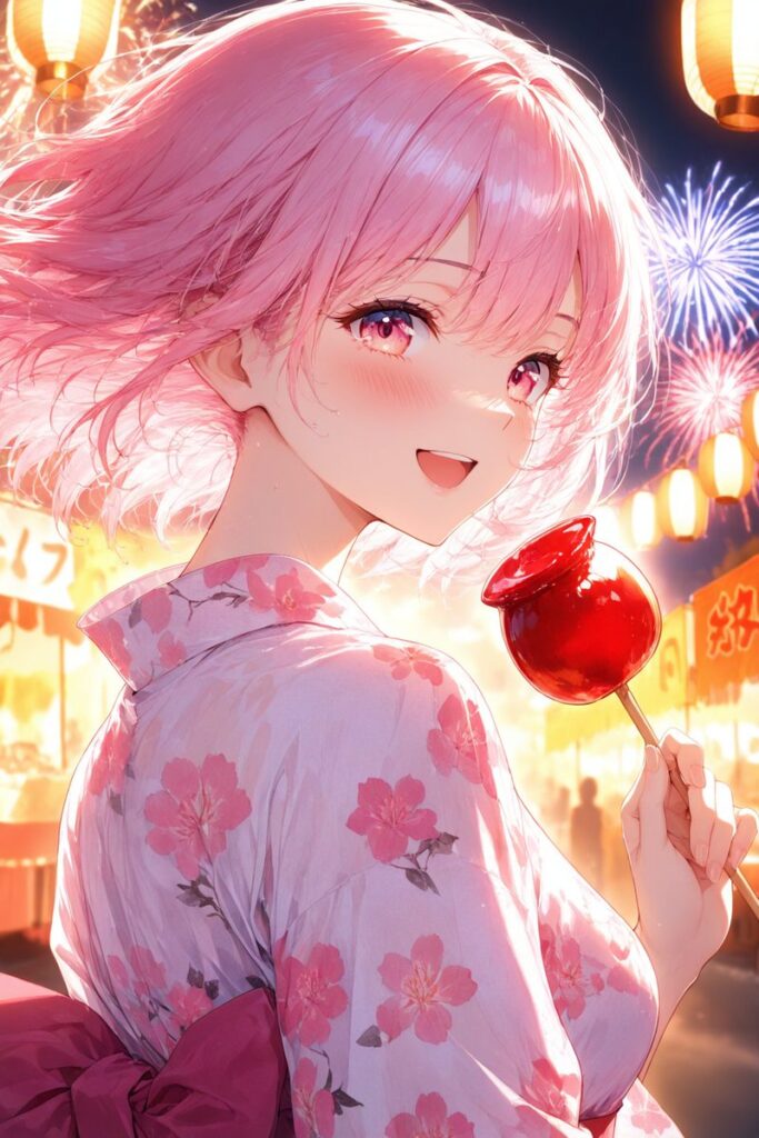 若葉 陽菜（わかば ひな）が夏祭りでりんご飴を手に花火を楽しむAIイラスト