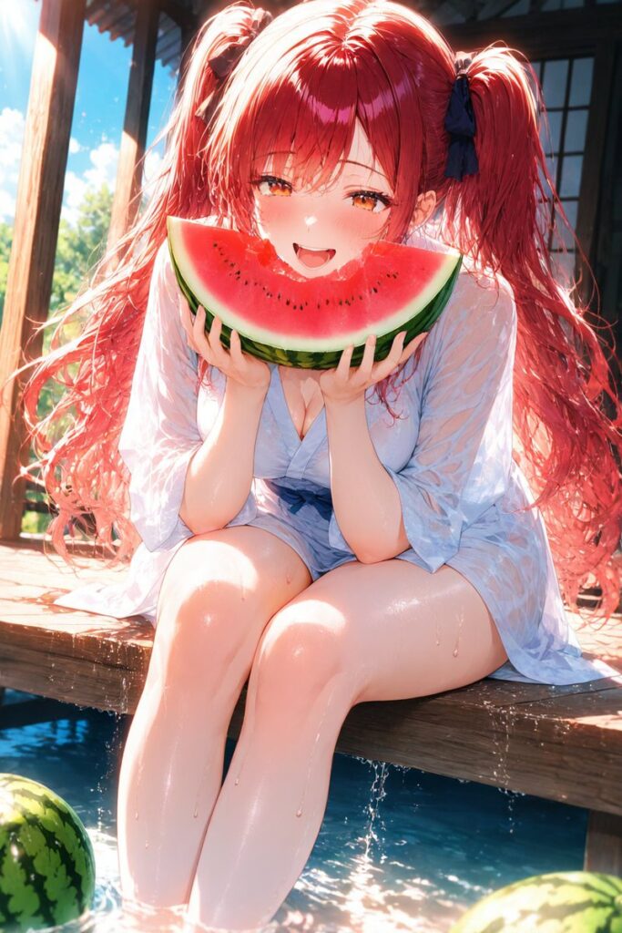 朝比奈 茜（あさひな あかね）が縁側で冷えたスイカを笑顔で食べるAIイラスト