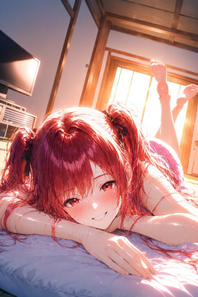 朝比奈 茜（あさひな あかね）が暑い朝に部屋で笑顔を見せるAIイラスト