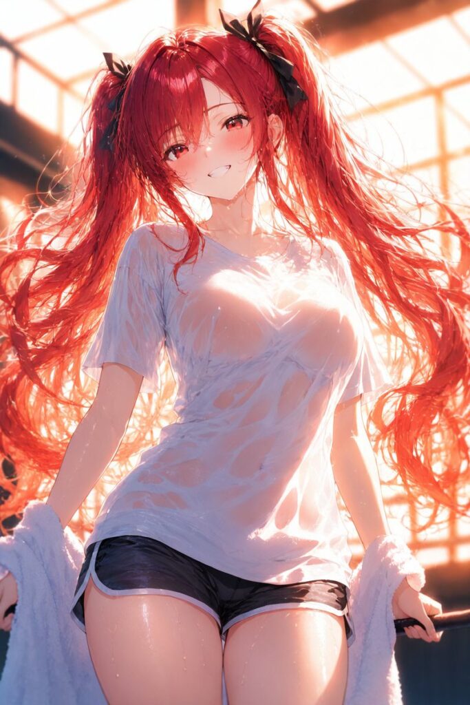 朝比奈 茜（あさひな あかね）が朝のランニングを終えて笑顔を見せるAIイラスト