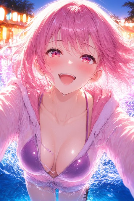 若葉陽菜（わかばひな）がナイトプールではしゃぐ夏のAIイラスト