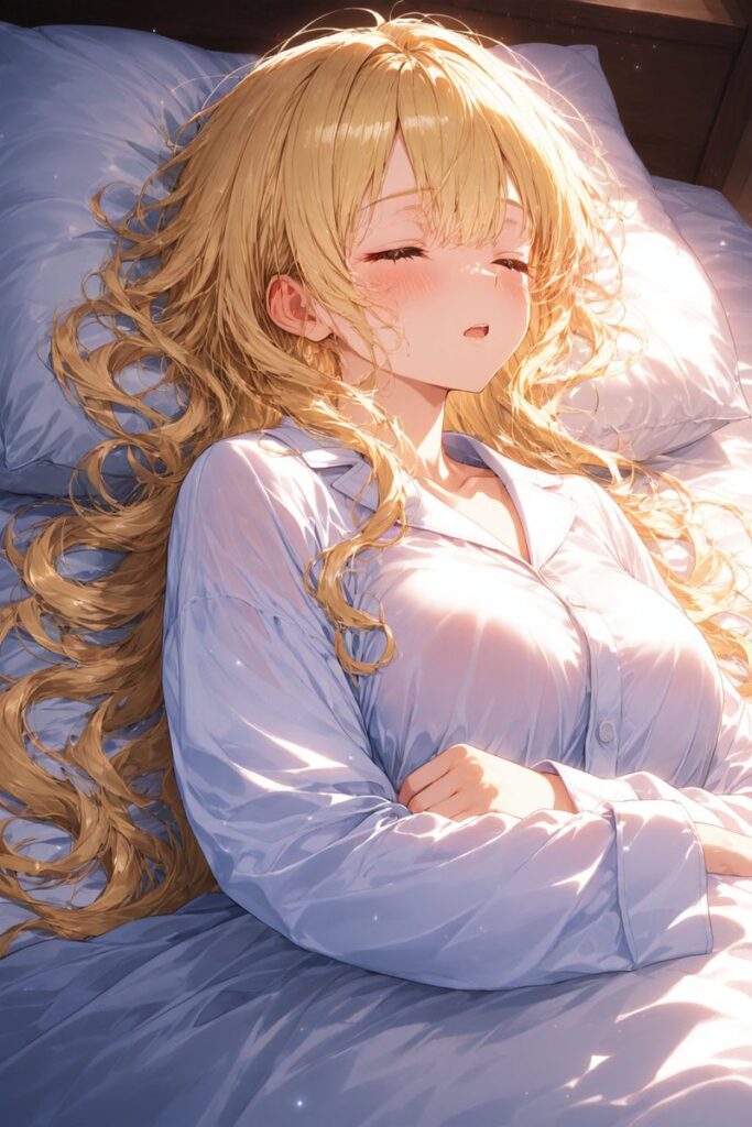 ゆるふわ金髪が穏やかな笑顔でおやすみを伝えるAIイラスト