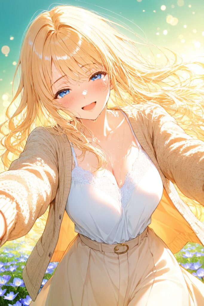 ゆるふわ金髪が夏の日差しの中で暑さ対策を呼びかけるAIイラスト