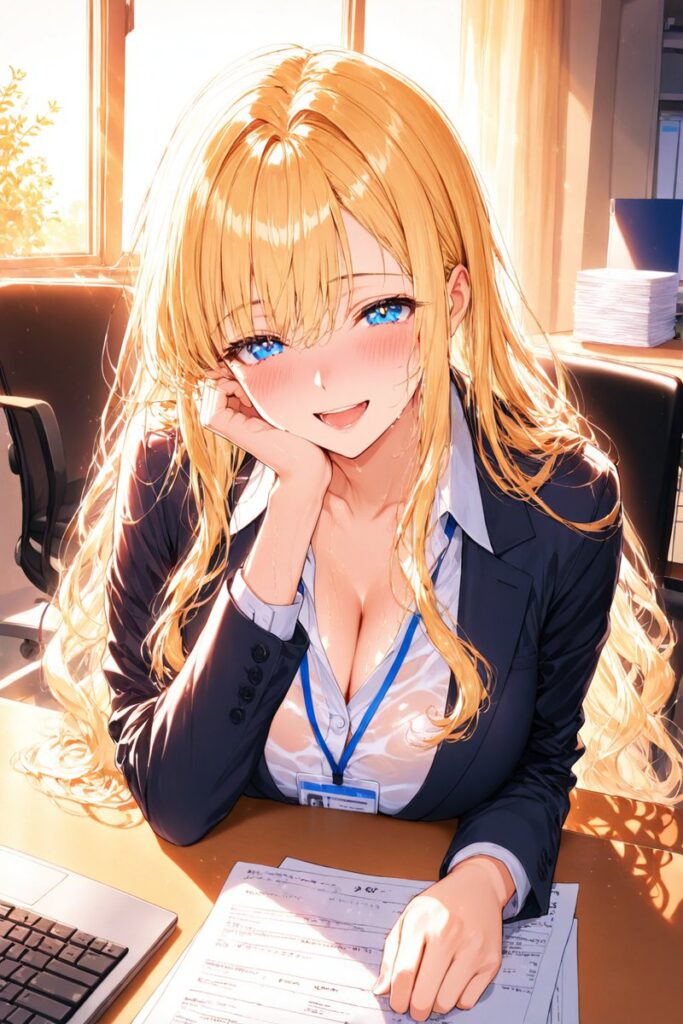 ゆるふわ金髪がオフィスで仕事をしながら優しく微笑むAIイラスト