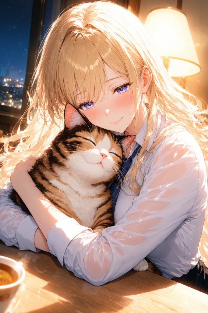 ゆるふわ金髪が猫を優しく抱きしめながら一日の疲れを癒やすAIイラスト