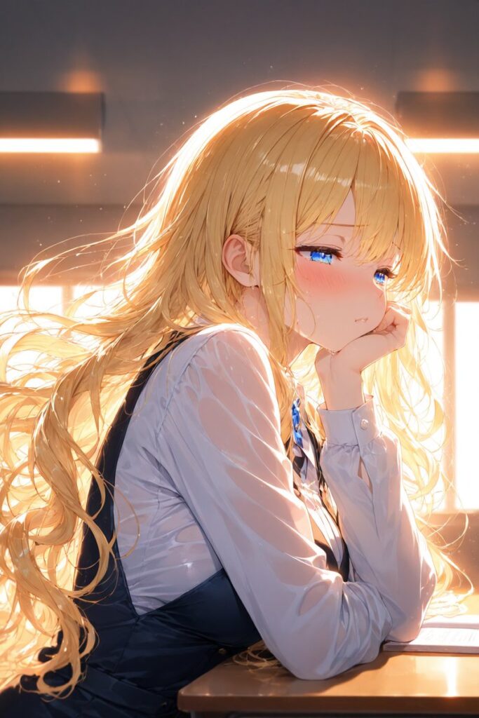 ゆるふわ金髪がお昼ご飯を忘れて少し困った表情を見せるオフィスのAIイラスト