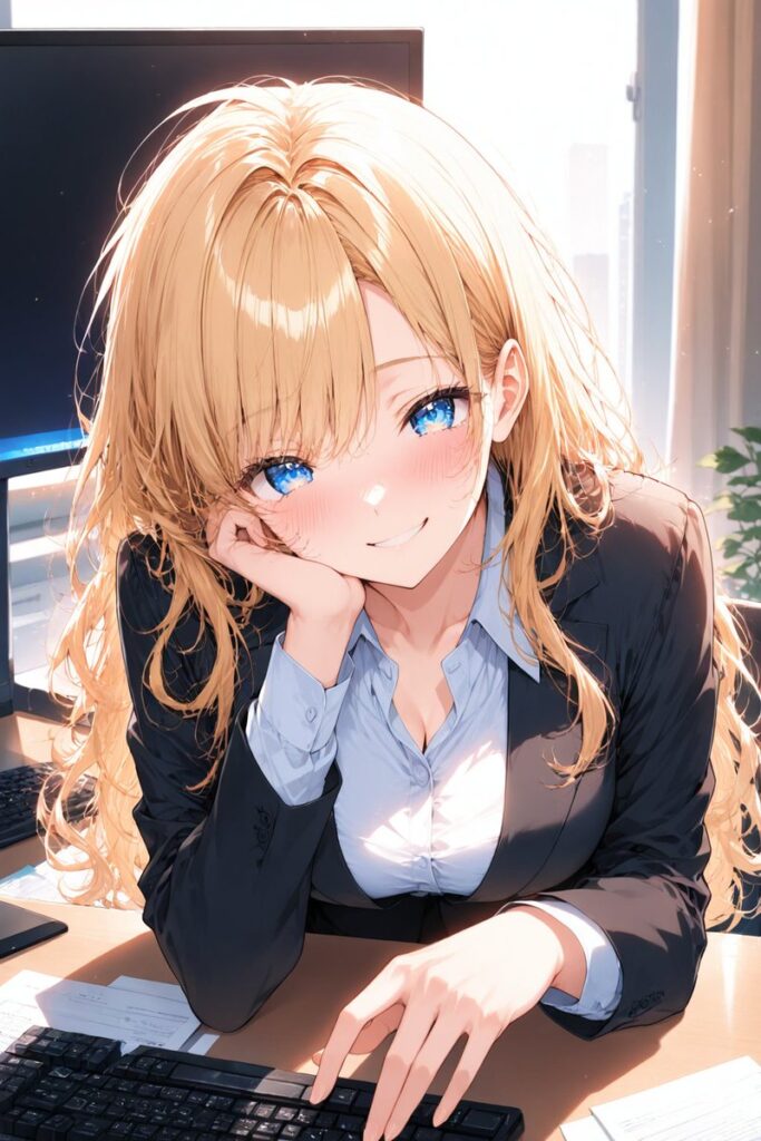 ゆるふわ金髪がオフィスで仕事や勉強を優しく応援するAIイラスト