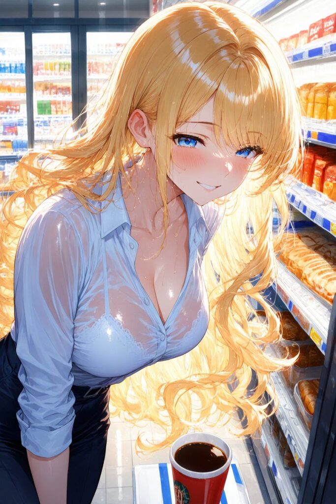 ゆるふわ金髪がコンビニでコーヒーを片手に昼休憩を楽しむAIイラスト