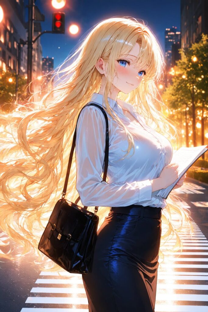 ゆるふわ金髪が仕事帰りの夜道を歩きながら微笑むAIイラスト