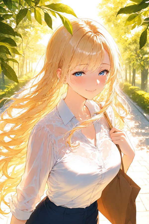 ゆるふわ金髪が休日前の朝に笑顔で送り出してくれるAIイラスト
