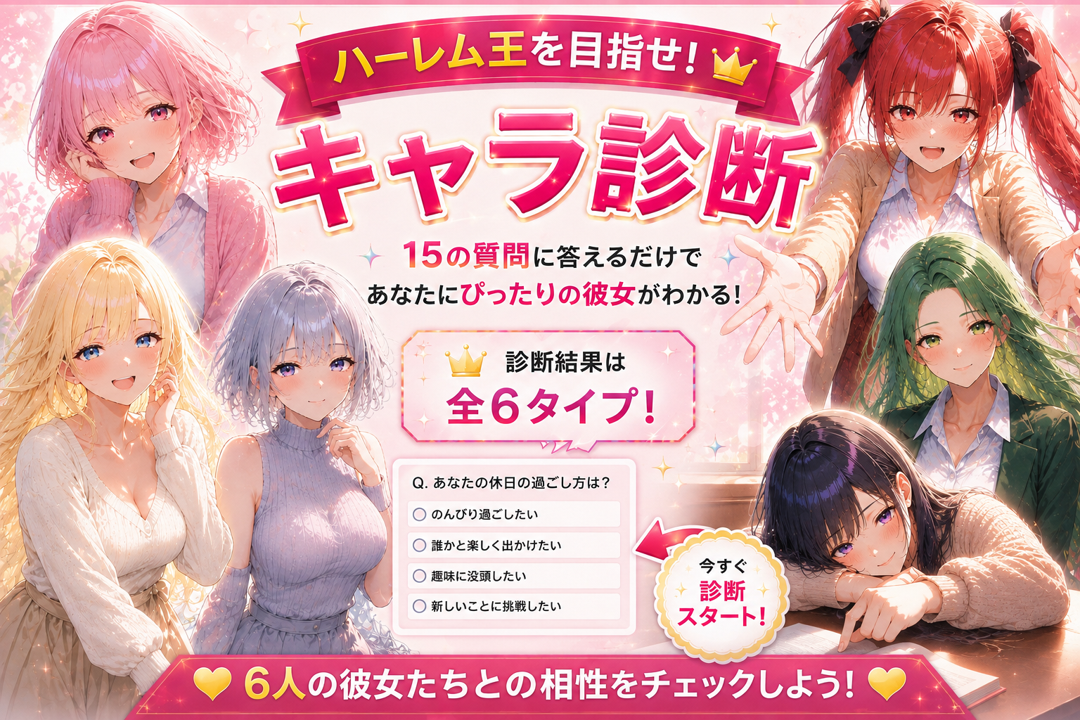 ○○な彼女達の6人との相性がわかるキャラ診断AIイラスト
