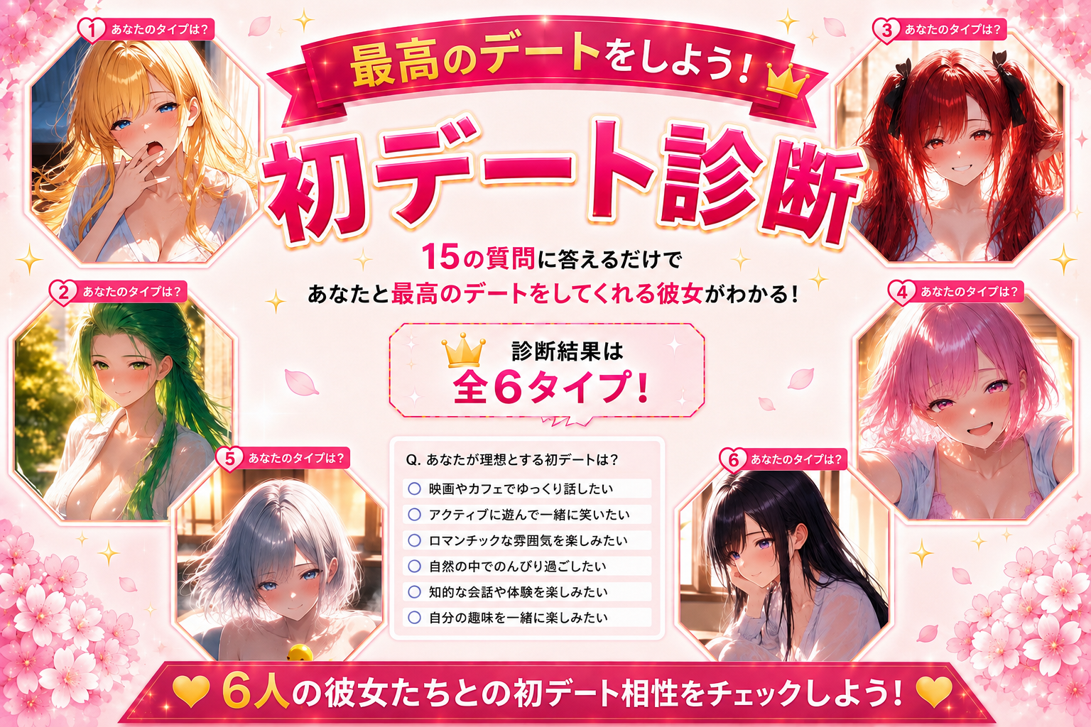 ゆるふわ金髪・橘環・朝比奈茜・若葉陽菜・月城雪乃・白石詩織の6人から相性のいい彼女がわかる初デート診断