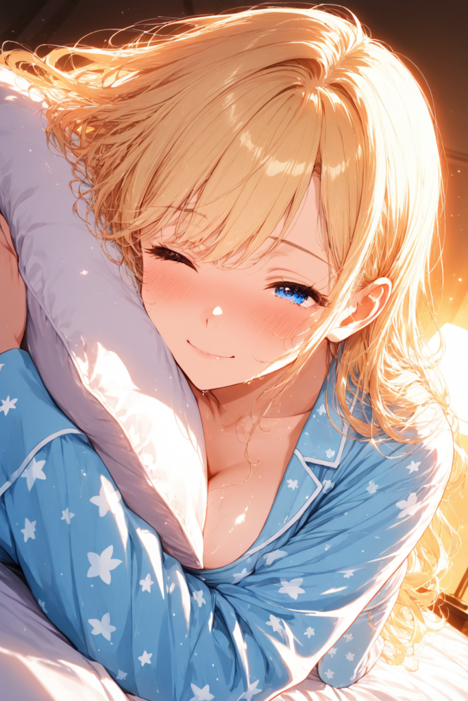 ゆるふわ金髪が青いパジャマ姿で枕を抱きながら笑顔でくつろぐAIイラスト