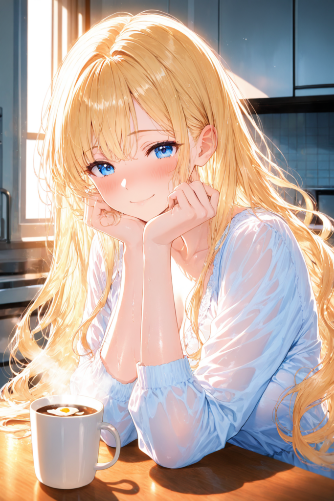 ゆるふわ金髪が休日の朝にコーヒーを前に笑顔で過ごすAIイラスト