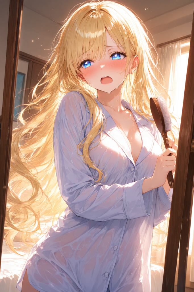 ゆるふわ金髪が朝の寝室でヘアブラシを持ち寝癖を直そうとしているAIイラスト