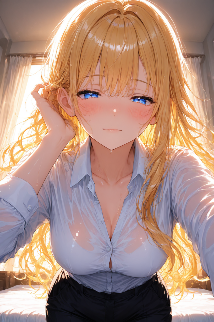 ゆるふわ金髪がエアコンの直っていない暑い職場で困った表情を見せるAIイラスト