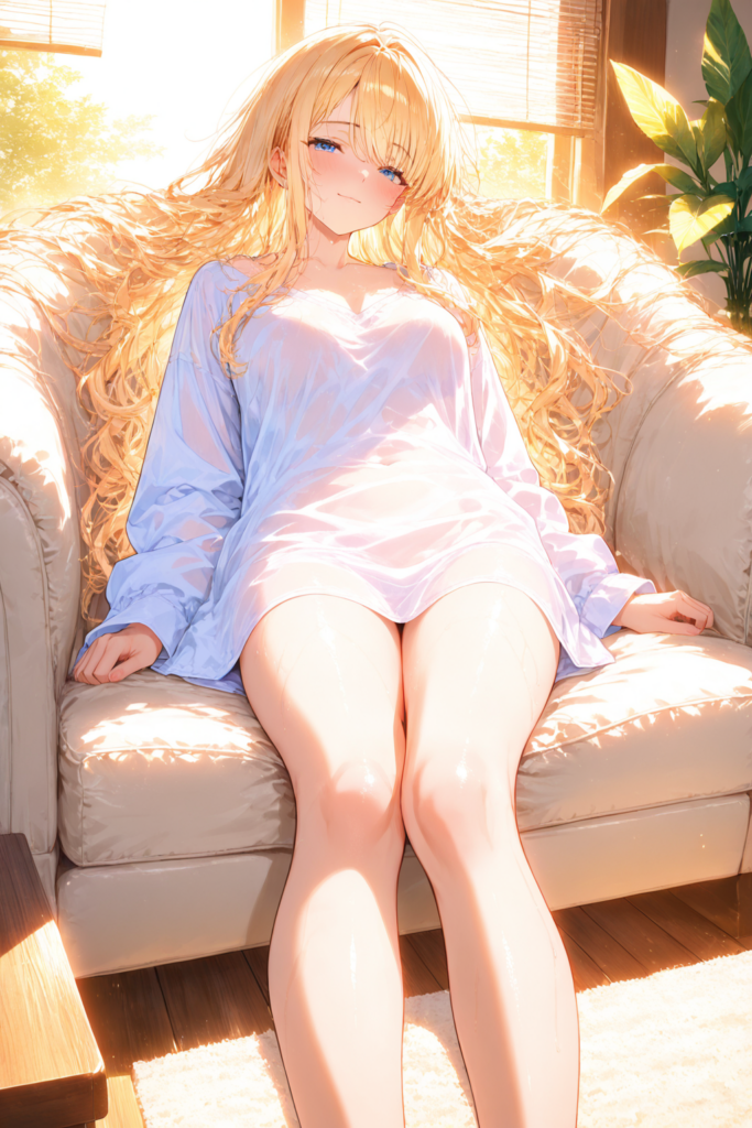 ゆるふわ金髪が朝日の差し込む部屋のソファに座ってのんびり過ごすAIイラスト