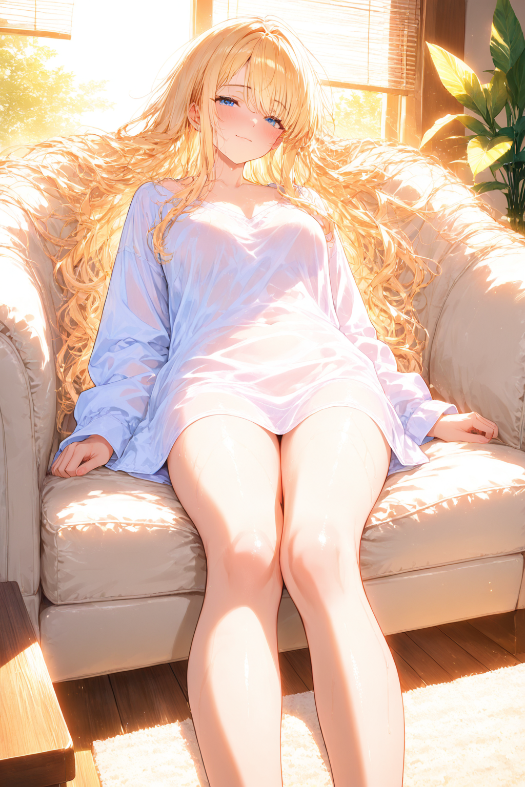 ゆるふわ金髪が朝日の差し込む部屋のソファに座ってのんびり過ごすAIイラスト