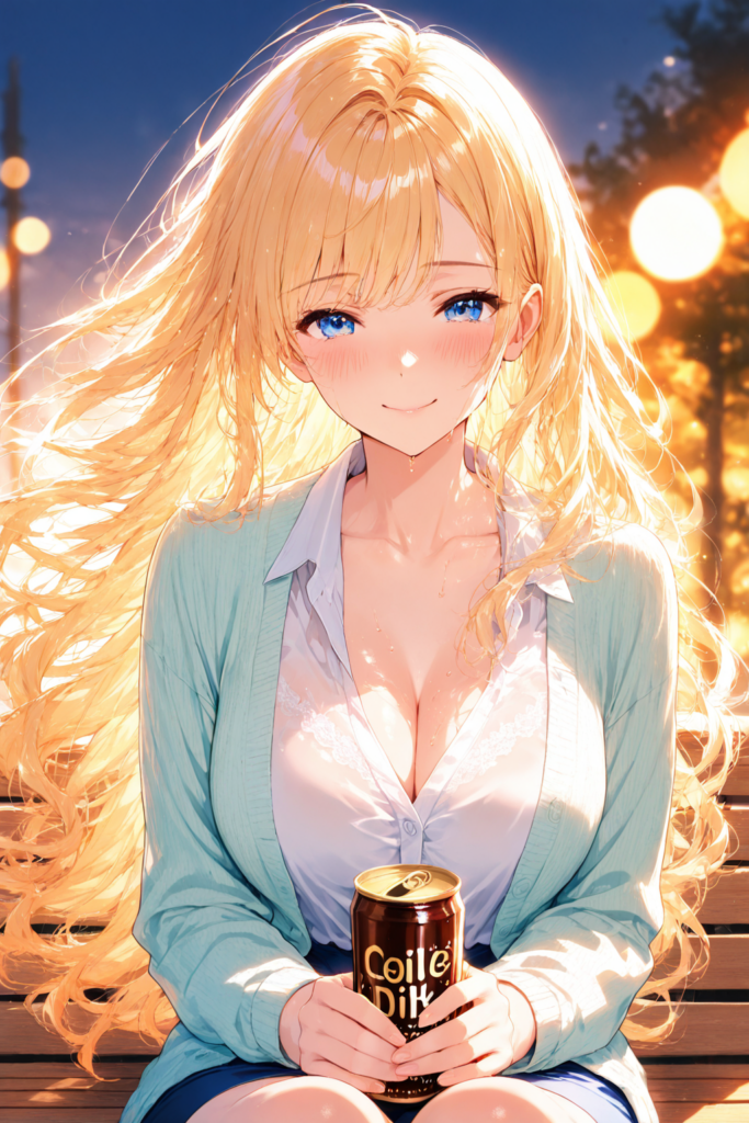 ゆるふわ金髪が仕事終わりにコーヒーを持って待ち合わせをするAIイラスト