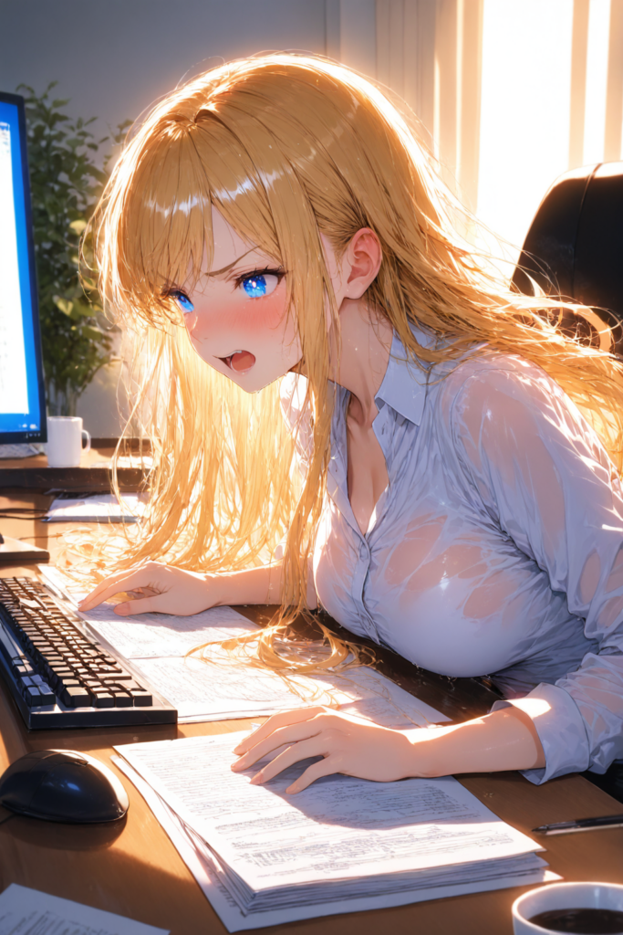 ゆるふわ金髪が職場のデスクで社食が半額だったことを嬉しそうに話すAIイラスト
