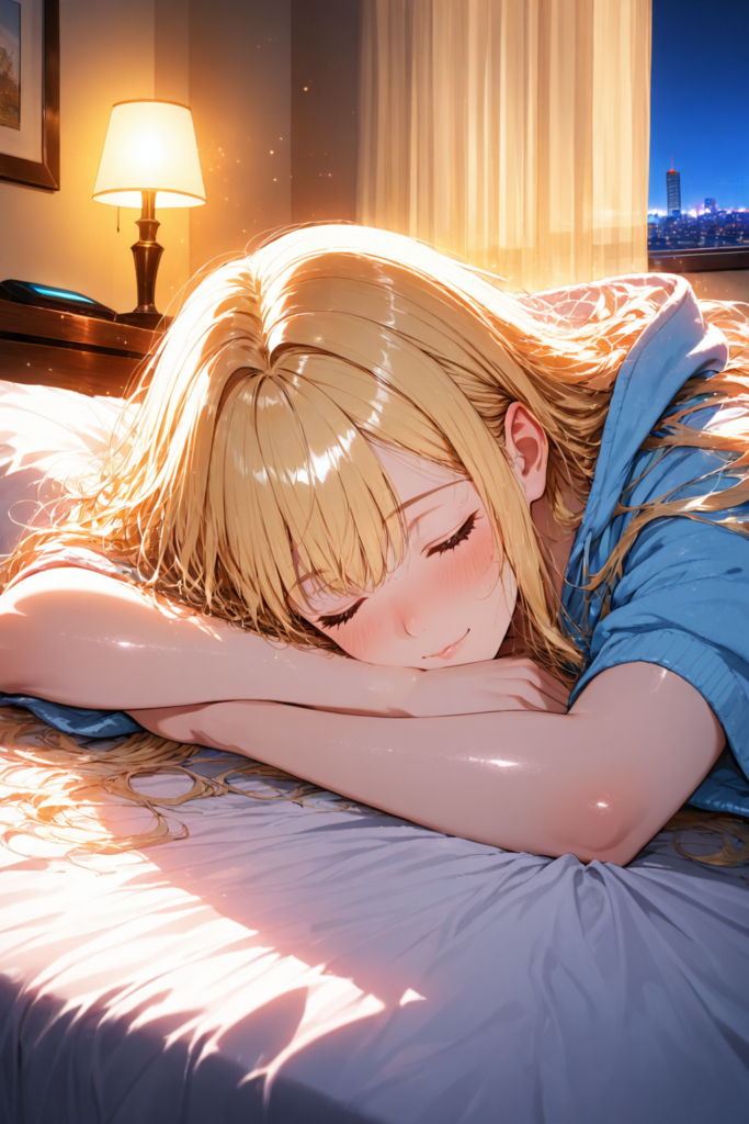 ゆるふわ金髪が一週間の仕事を終えて夜のベッドで安心したように眠るAIイラスト