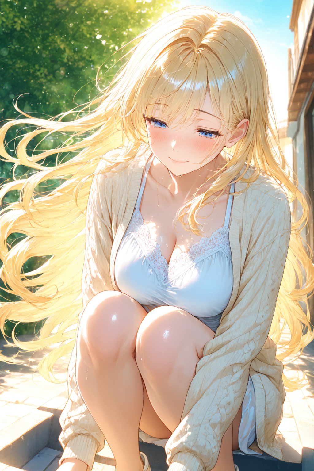 ゆるふわ金髪が晴れた朝に散歩をしながら優しく微笑むAIイラスト