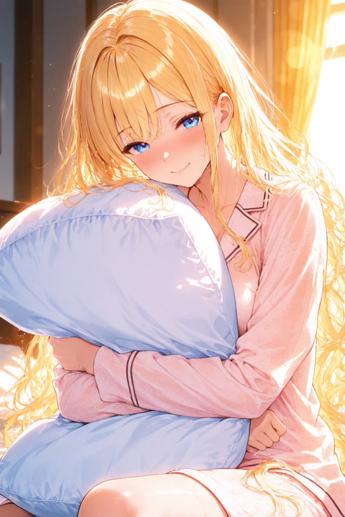 ゆるふわ金髪が休日の朝に寝坊してパジャマ姿で枕を抱きながら微笑むAIイラスト
