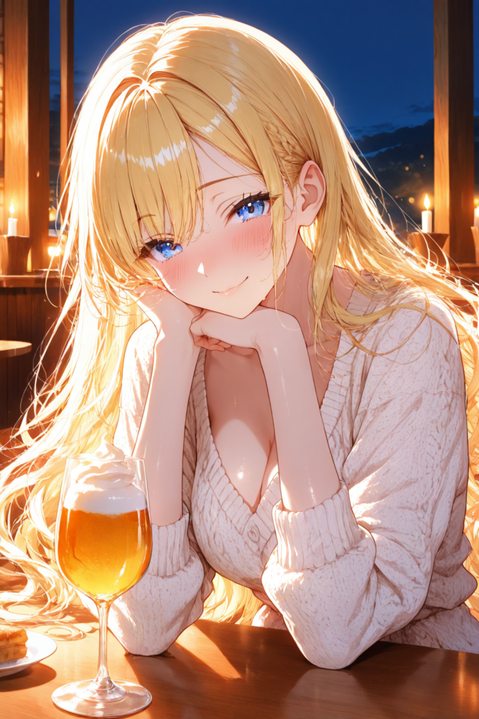 ゆるふわ金髪が月曜日の仕事終わりに店でビールを前に微笑みながら一日の疲れを癒やすAIイラスト