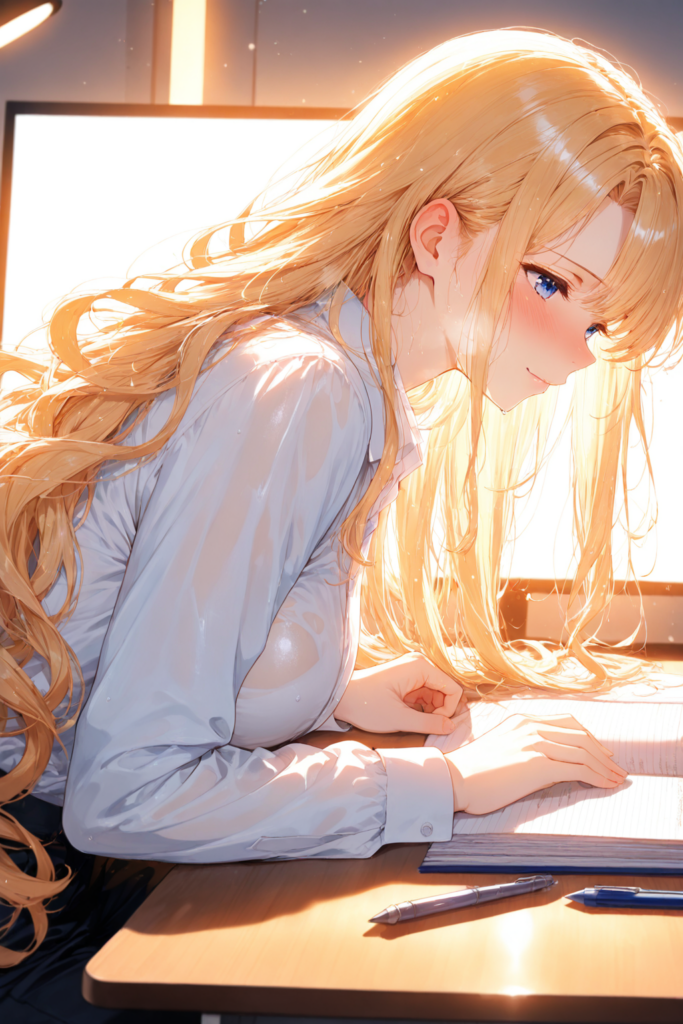 ゆるふわ金髪が残暑の続く昼にデスクで仕事をしながら暑さに耐えるAIイラスト