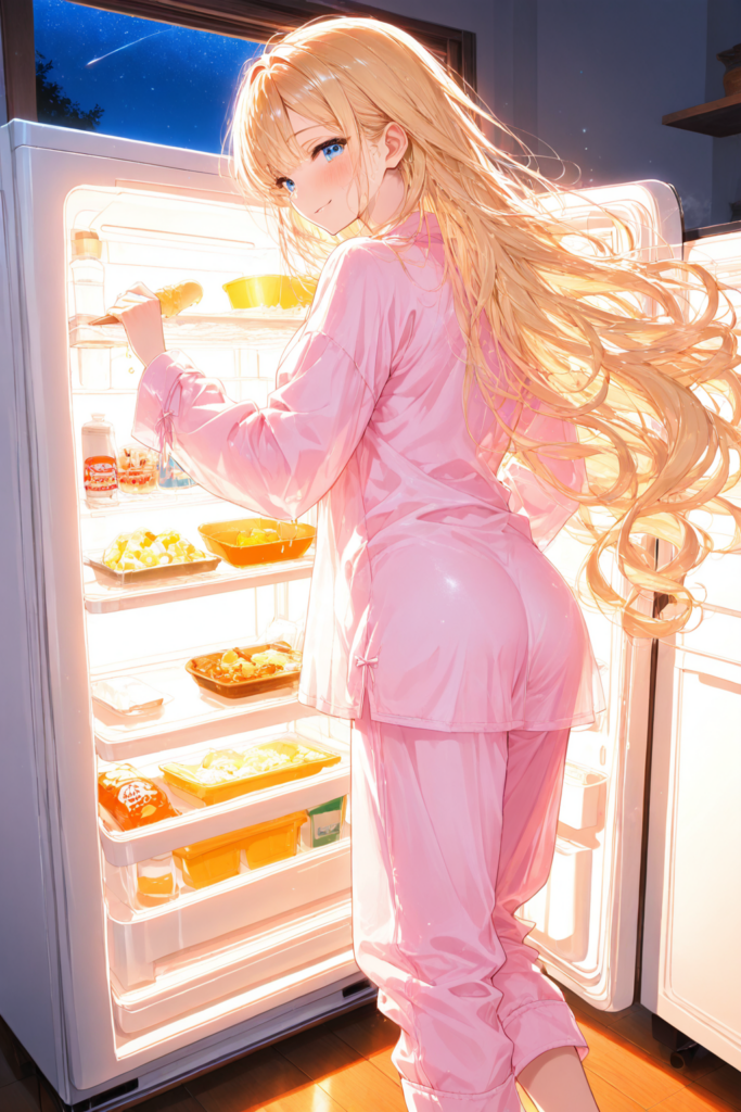 ゆるふわ金髪が仕事を終えた夜にピンクの部屋着姿で冷蔵庫を開けて甘いものを探すAIイラスト