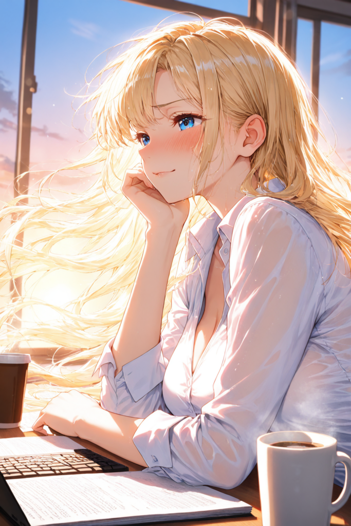 ゆるふわ金髪がオフィスのデスクで仕事を進めながら残業せず帰れそうだと安心するAIイラスト