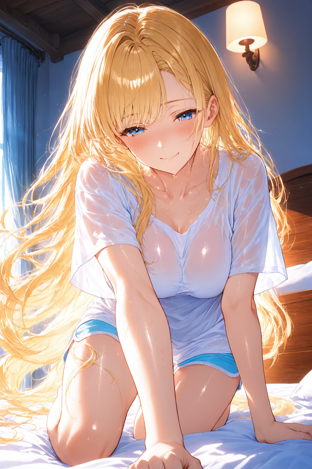 ゆるふわ金髪が体調の回復した朝にベッドの上で優しく微笑むAIイラスト