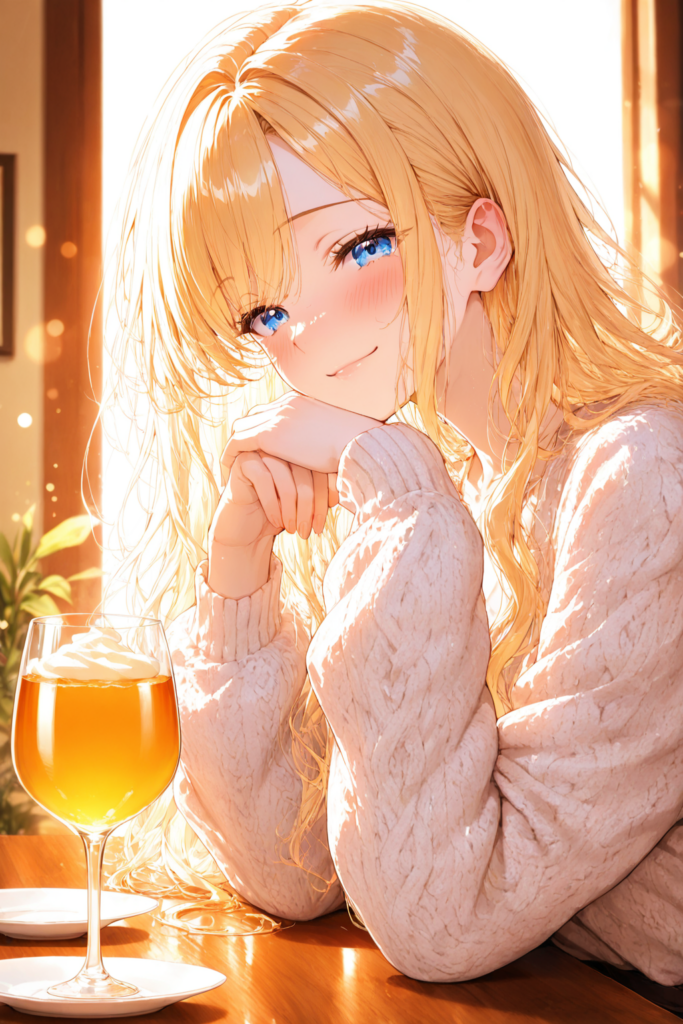 ゆるふわ金髪が掃除を終えた休日の夜にグラスを前にくつろぐAIイラスト