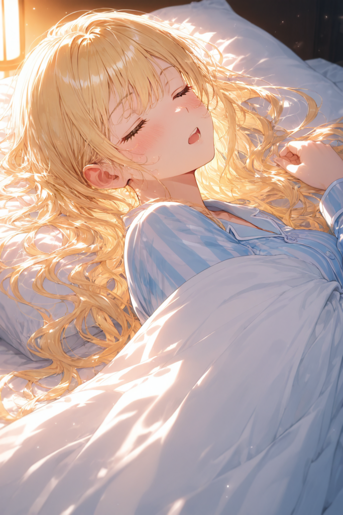 ゆるふわ金髪が休日の夜に明日の仕事に備えて布団で眠るAIイラスト