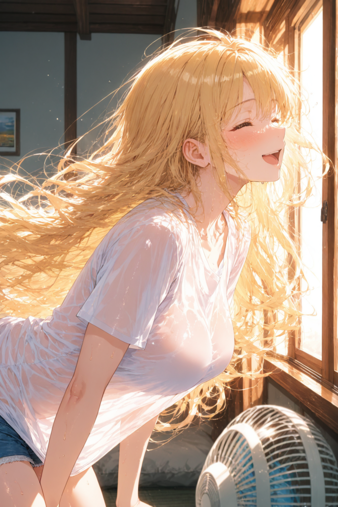 ゆるふわ金髪が暑い休日に扇風機の前で涼みながら楽しそうに笑うAIイラスト