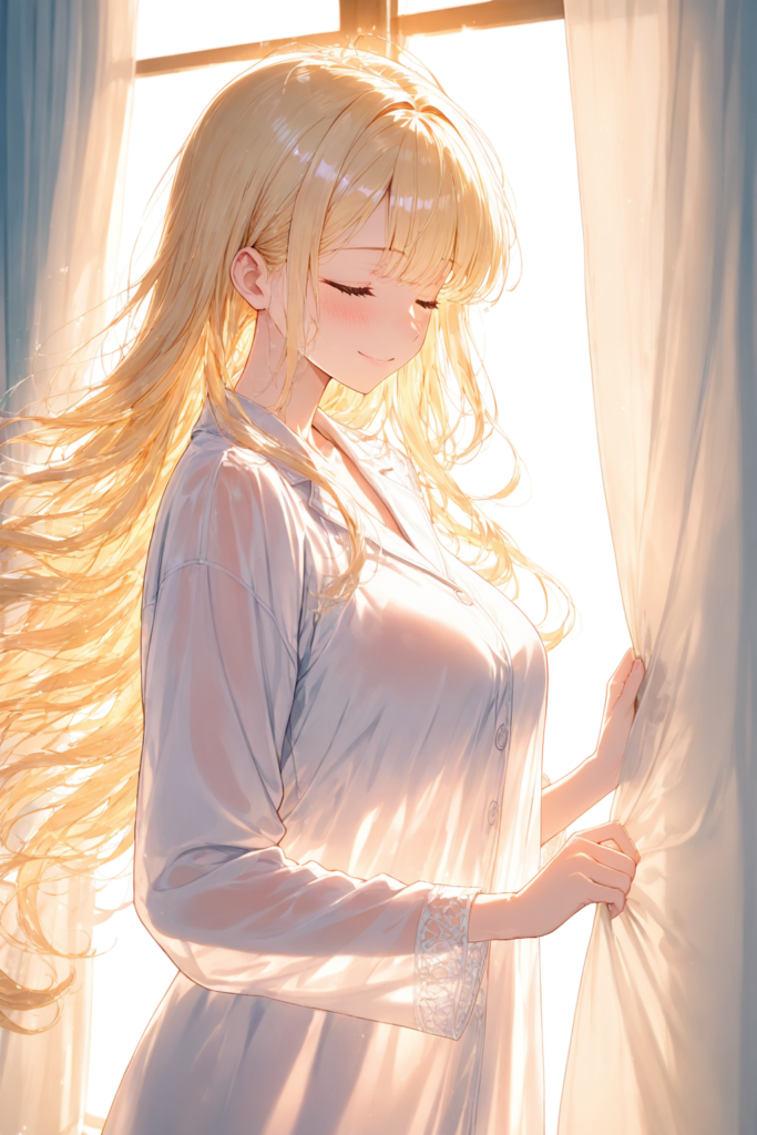 ゆるふわ金髪が休日の朝にカーテンを開けながら眠たそうに微笑むAIイラスト