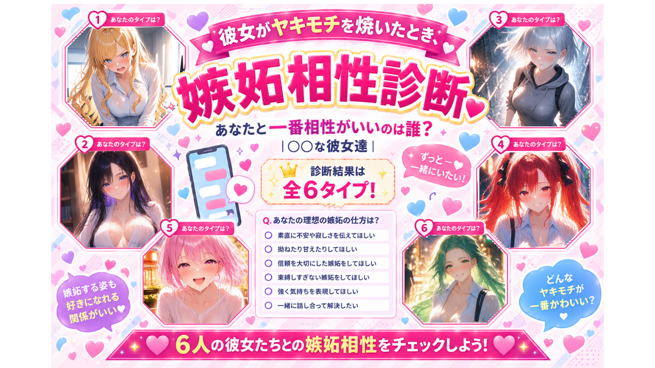 穂坂紬・白石詩織・月城雪乃・朝比奈茜・若葉陽菜・橘環の6人から、ヤキモチを焼いたときに相性がいい彼女を診断する嫉妬相性診断