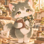 仕事が得意な緑灰色の猫タマキ
