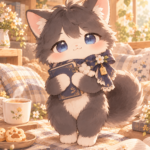 本が好きな黒灰色の猫シオリ