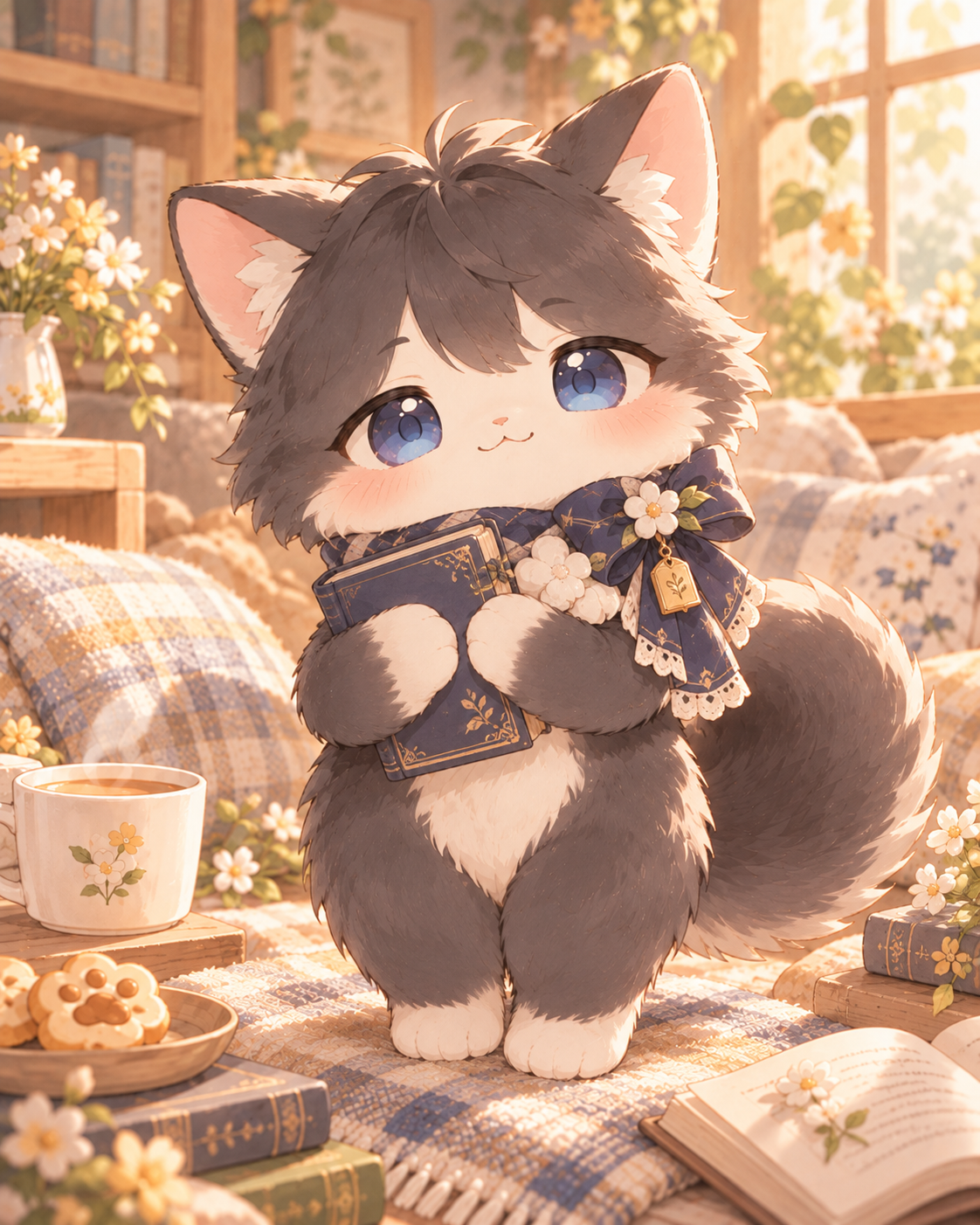 ダークグレーと白の毛並み、青い瞳の猫マスコットのシオリが、青いリボンをつけて本を抱えるイラスト。
