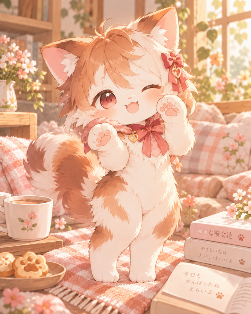 赤茶と白の毛並みの猫アカネが、ピンク色のリボンをつけて片目をつむって笑っている