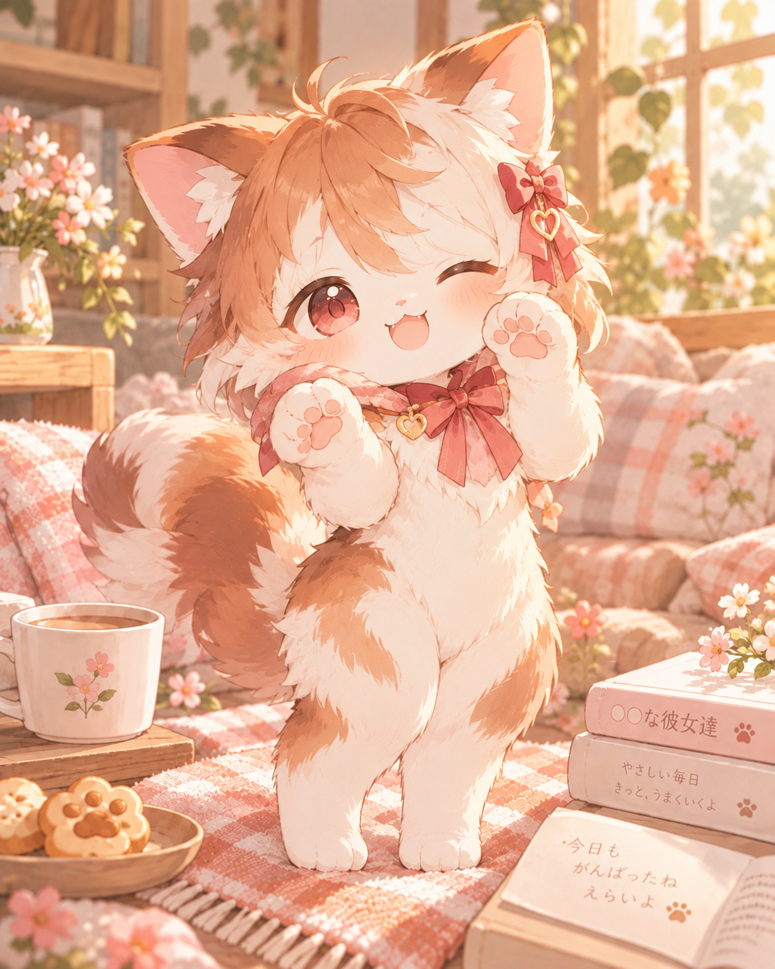 赤茶と白の毛並みの猫マスコット、アカネがピンクのリボンをつけてウインクする、華やかで明るいイラスト。