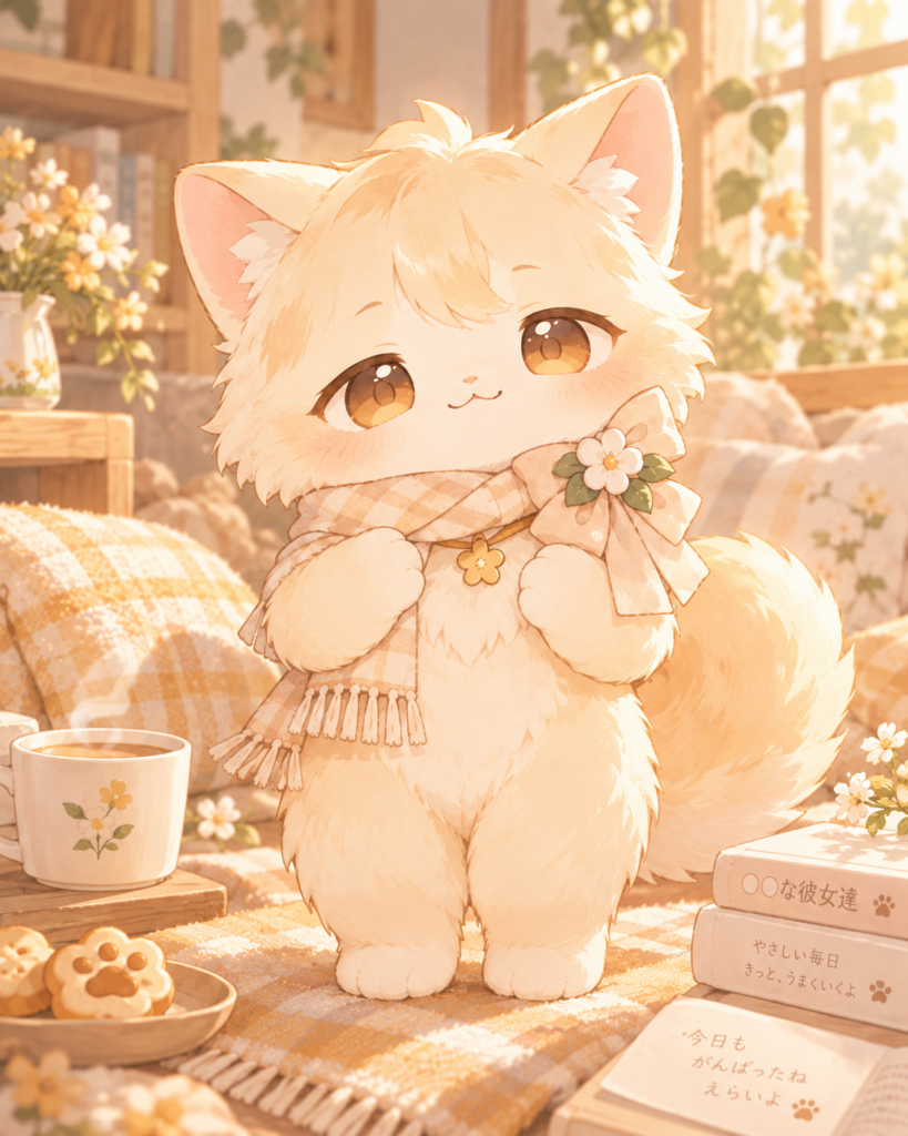 クリーム色の毛並みと琥珀色の瞳を持ち、花飾りとマフラーを身につけた猫のツムギ