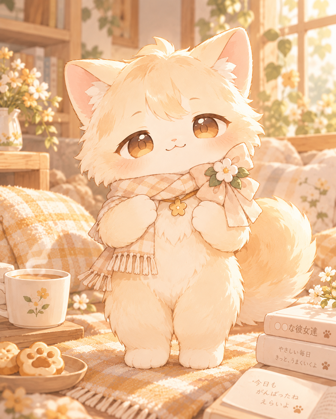 クリーム色のふわふわした毛と琥珀色の瞳の猫マスコット、ツムギが花飾りとマフラーを身につけて微笑むイラスト。